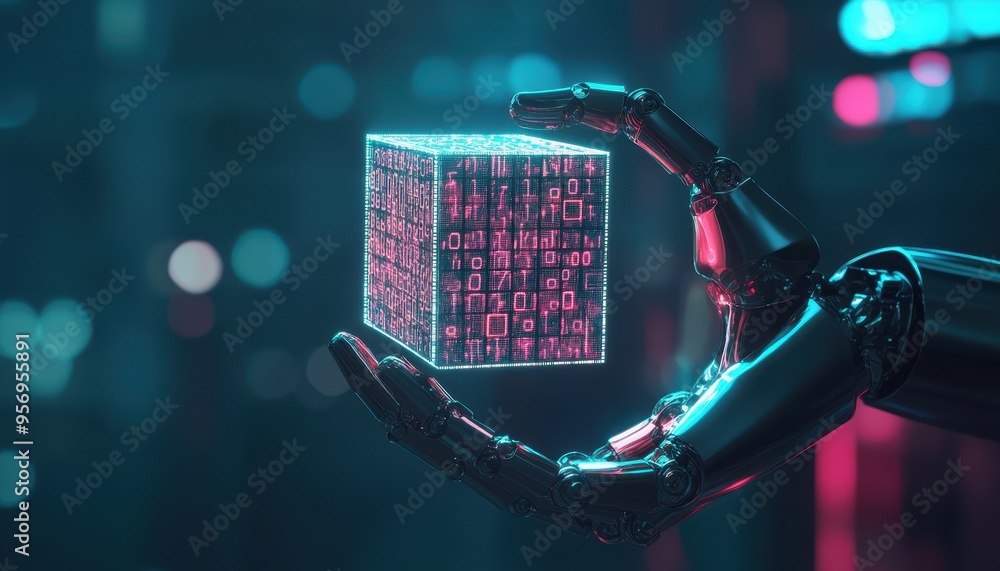 Poster future technology concept - robotic hand holding holographic binary code cube symbolizing ai innovat