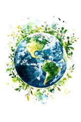 Naklejka premium Watercolor depiction of Earth surrounded by lush greenery, isolated on transparent background.