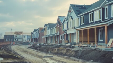 Obraz premium Rows of suburban houses under construction, hinting at new beginnings and a growing community.