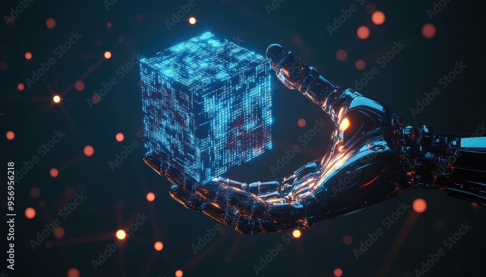 Poster futuristic robotic hand holding holographic cube with binary code, ai innovation concept
