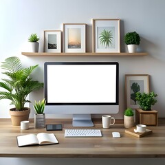 Clean. modern desktop mockup with a blank screen. keyboard. and minimal decor.