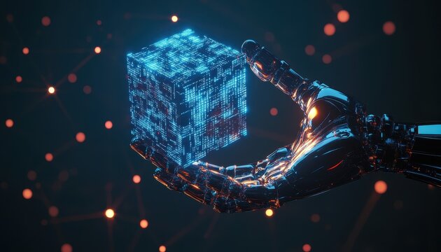 Futuristic Robotic Hand Holding Holographic Cube with Binary Code, AI Innovation Concept