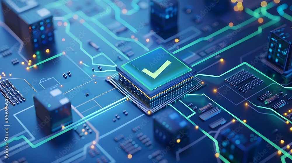 Poster futuristic circuit board with a glowing tick icon on a microchip, representing technology, ai, and a