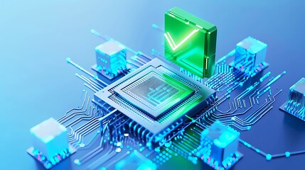 Futuristic circuit board with a glowing green chip, symbolizing advanced technology and innovation in electronics.