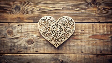 A delicate, intricate heart-shaped stencil with subtle distressing lies on a worn, vintage-inspired wooden background, evoking nostalgia and romance.