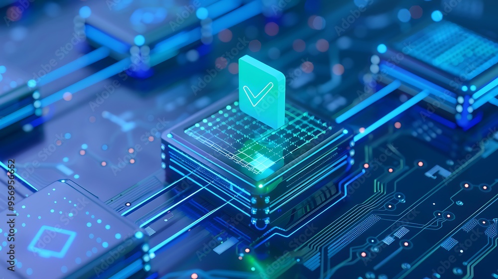 Poster futuristic circuit board with glowing check mark representing technology validation and successful d