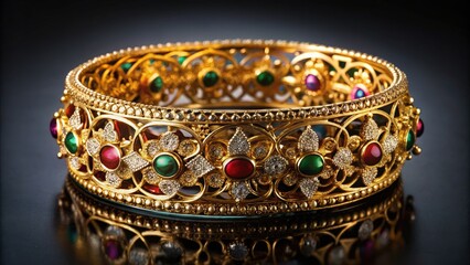 A delicate, intricately designed 24-karat gold bangle adorned with sparkling gemstones and ornate filigree rests on a soft, velvety black background awaiting discovery.