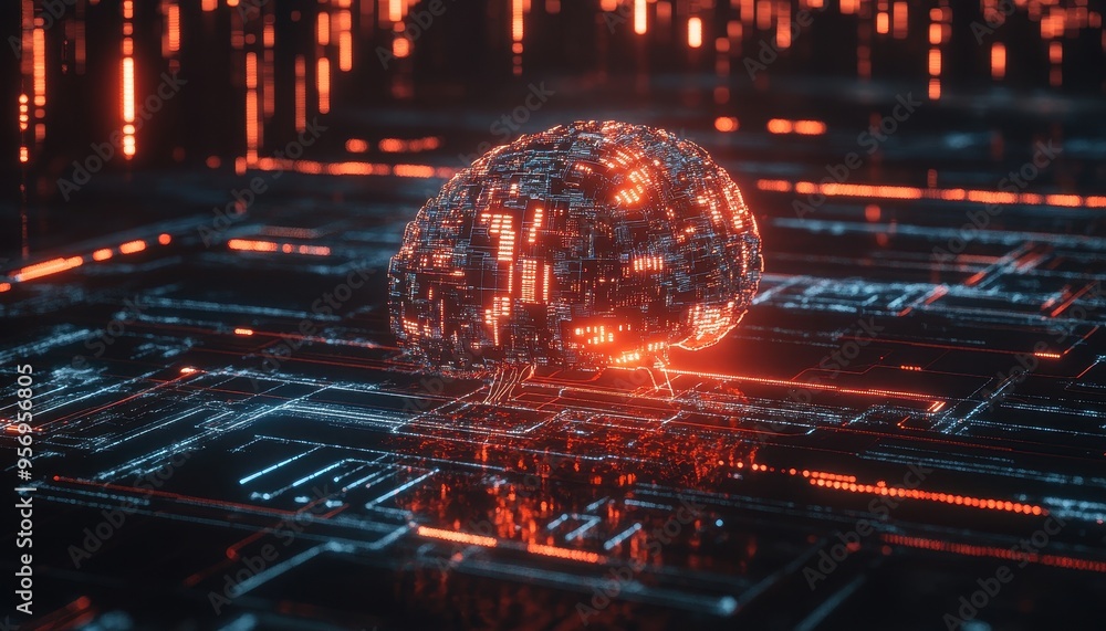 Poster digital brain: abstract visualization of artificial intelligence with glowing code and circuits