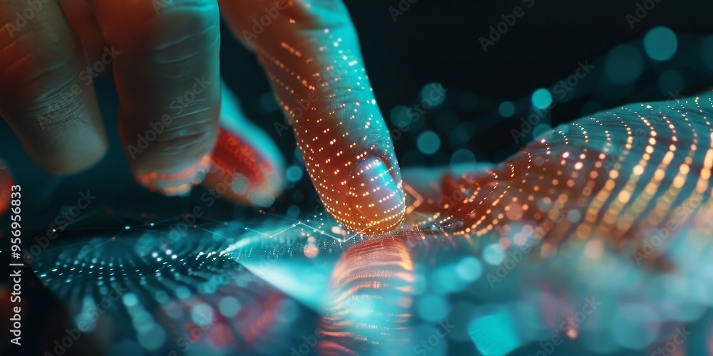Poster A close-up of a hand using a touchscreen with a double exposure of network patterns, illustrating digital interaction