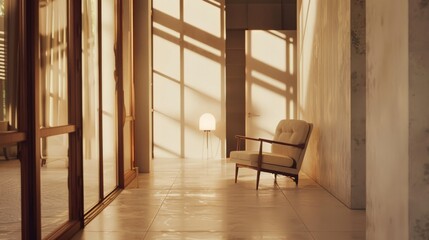 Sunlight pours into a serene hallway with modern furnishings, casting soothing shadows and creating a calm, inviting atmosphere.