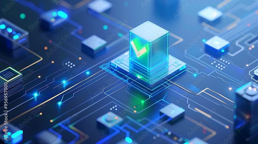 Poster futuristic circuit board with glowing components representing digital technology and cybersecurity c