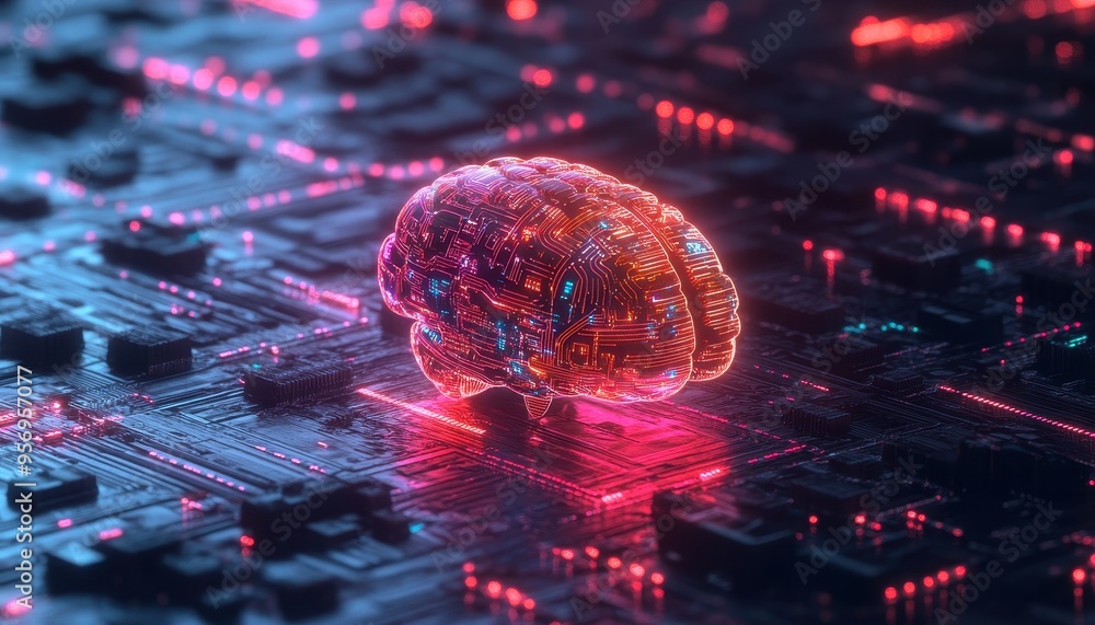Poster illuminated ai: glowing digital brain with code and circuits