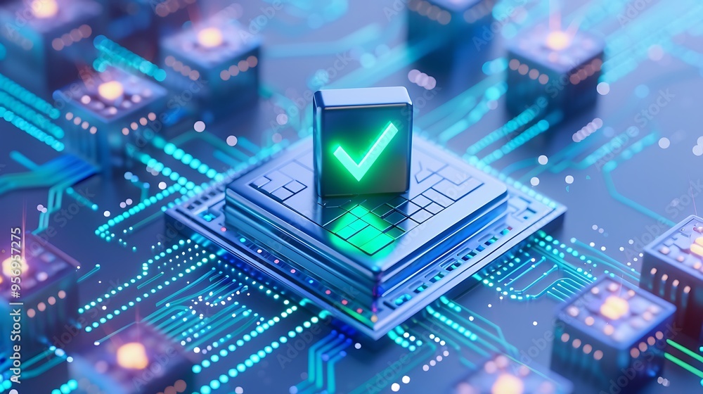 Poster futuristic computer chip with a glowing checkmark symbolizing successful operation in a digital circ