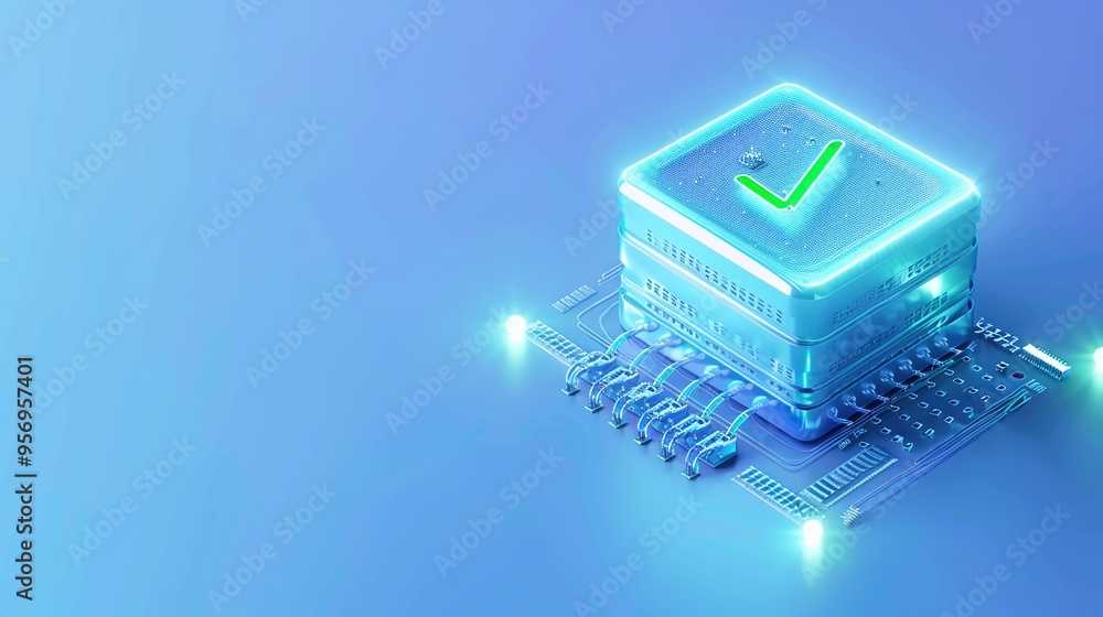 Poster futuristic computer chip with green checkmark, symbolizing secure and validated technology in a blue