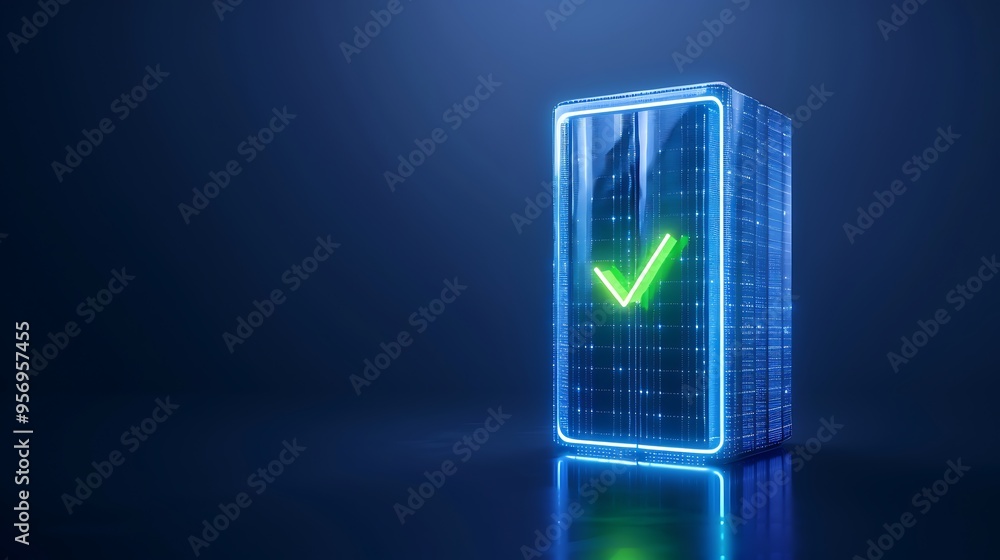 Wall mural Futuristic concept of a glowing digital checkbox in blue with a green checkmark, symbolizing confirmation or approval in a high-tech environment.