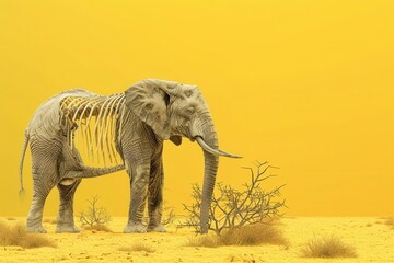 Fototapeta premium An emaciated elephant skeleton standing on parched ground
