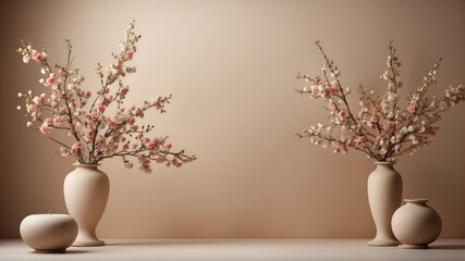 Decorative podiums and blooming branch on beige background.