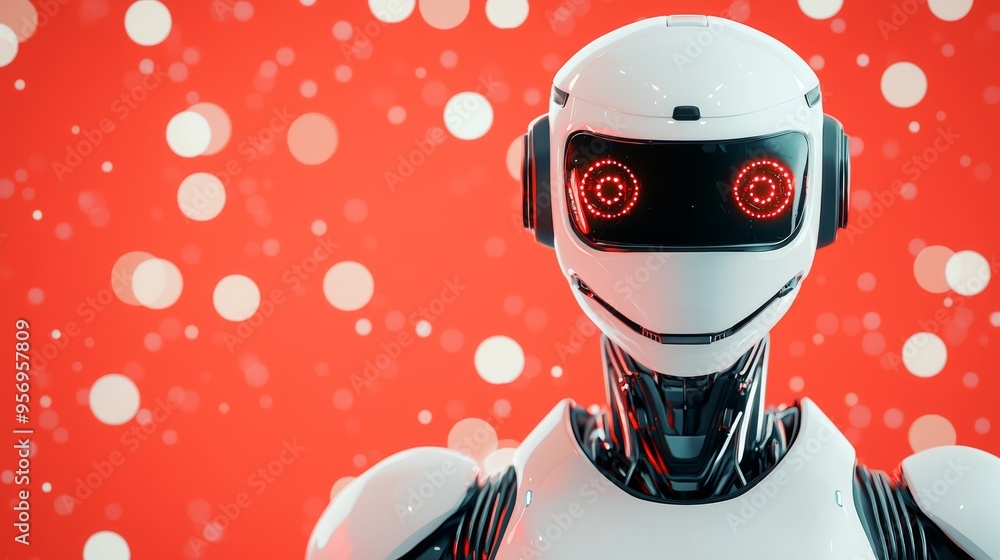 Poster futuristic robot with red eyes on red background with bokeh