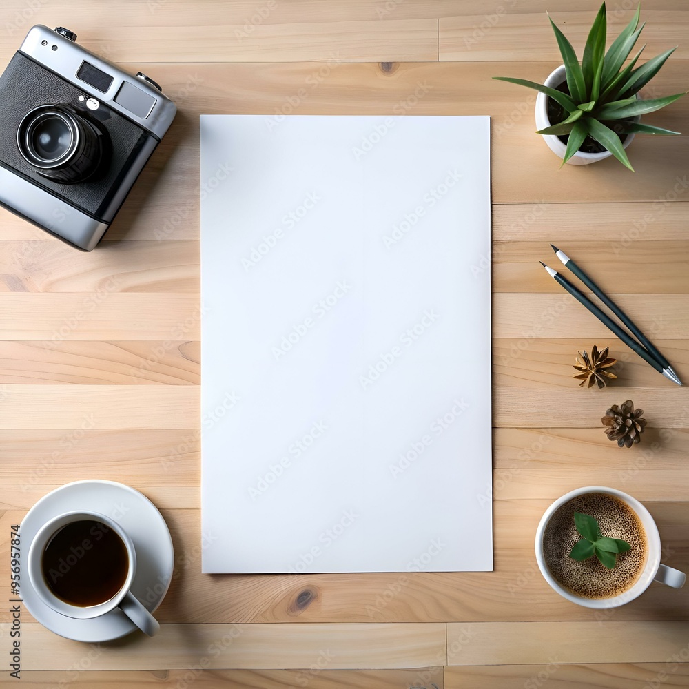 Poster flat lay of a minimalist workspace with a blank white sheet of paper. pencils. camera. coffee. and a