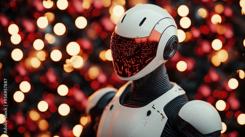 Poster Futuristic Robot with Red Lights in Bokeh Background