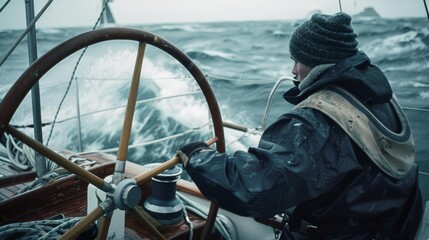 A sailor in cold gear navigates a sailing ship through rough ocean waters under a cloudy sky, showcasing the challenges of seafaring.