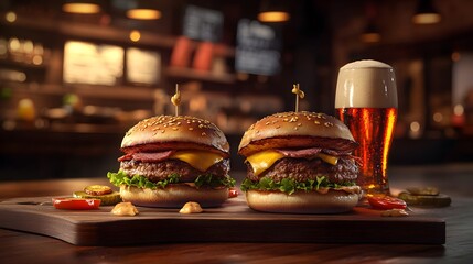 A warm pub atmosphere with wood textures and 3D-rendered gourmet burgers paired with craft beer pints