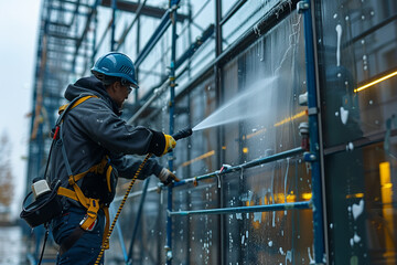 Building Cleaner Using High-Pressure Washer to Clean Exterior Windows of Tall Commercial Building