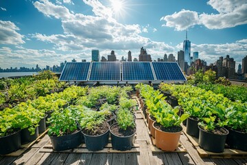 Sustainable Urban Rooftop Garden Solar Panels Plants Repurposed Containers. Bright Midday Sun, Wide-Angle Shot