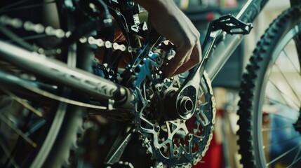 Obraz premium A close-up of a hand carefully working on the gears of a bicycle, emphasizing the intricate mechanics and craftsmanship involved in bicycle maintenance.
