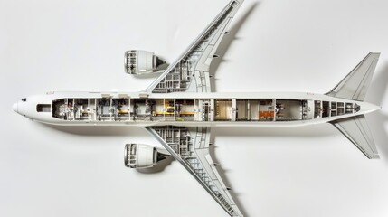 Fototapeta premium An overhead view of a commercial airplane with its interior exposed, revealing the complexity and intricacy of modern flight engineering and design.