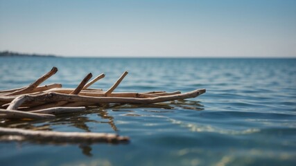 Driftwood sticks protruding from calm blue water with serene horizon.