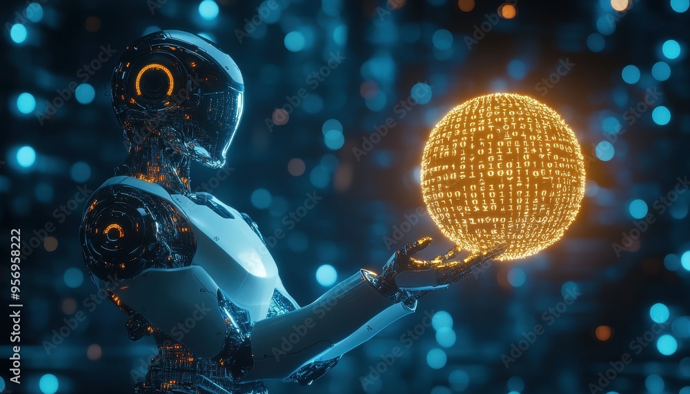 Poster futuristic ai innovation concept - humanoid robot holding glowing binary code orb