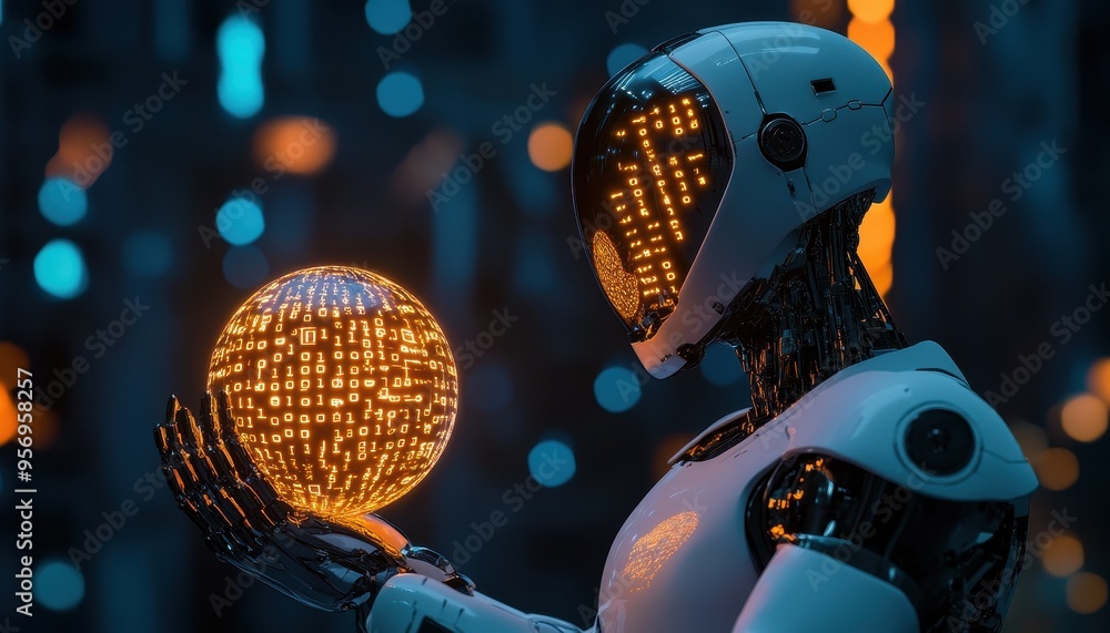 Poster futuristic ai technology concept with humanoid robot holding glowing binary code orb