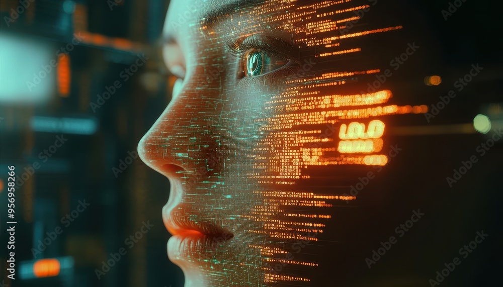Poster cyborg future: robotic ai face merging with digital code interface in conceptual art