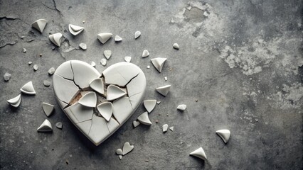 A delicate, porcelain heart lies shattered on a misty, grey concrete floor, fragments scattered around, symbolizing sorrow, loss, and emotional devastation.