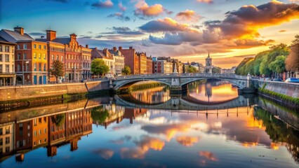 Naklejka premium Serene cityscape of Dublin's historic Liffey River flowing gently beneath iconic bridges, lined with picturesque buildings, and reflecting vibrant morning light.