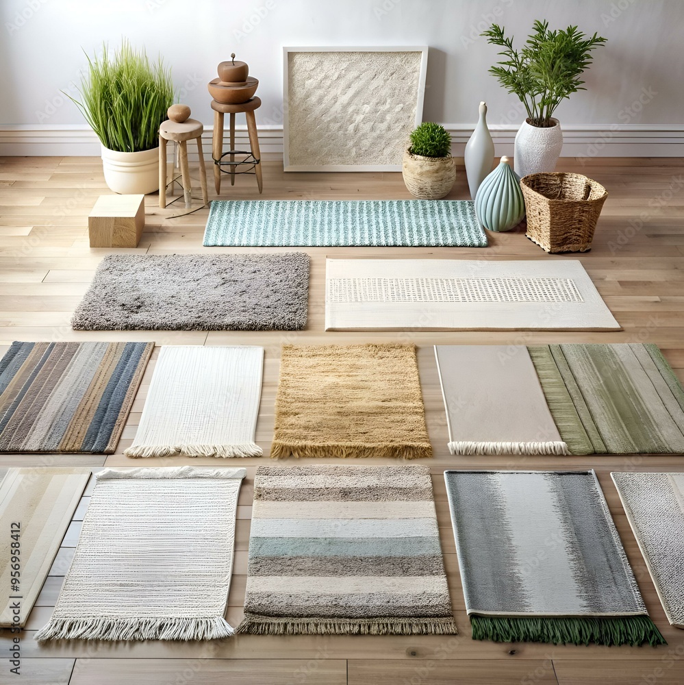 Poster a collection of diverse rugs in various textures and patterns. perfect for adding warmth and style t