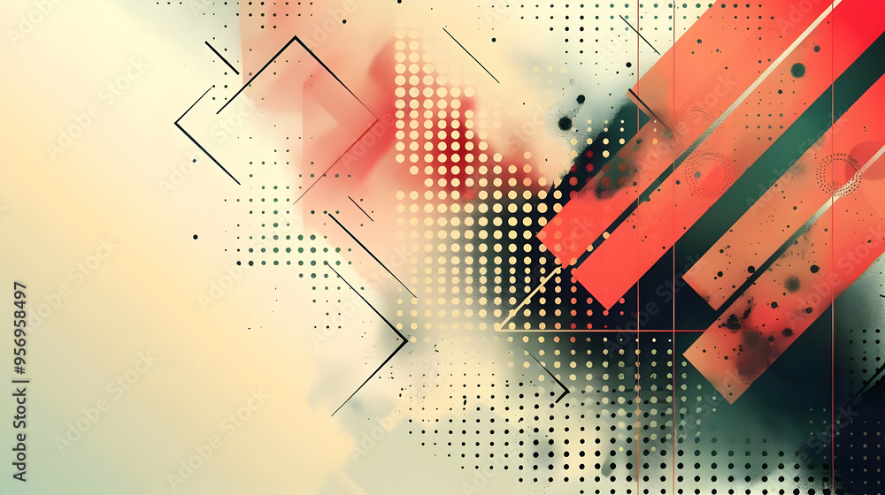 Poster abstract background with red and black geometric shapes and polka dots