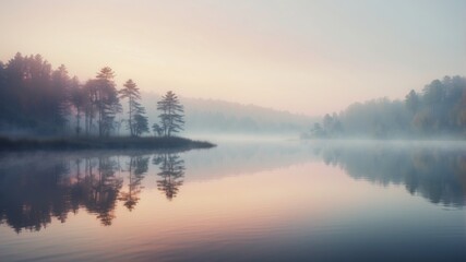 Fototapeta premium Gentle watercolor wash in pastel hues suggesting a peaceful morning mist over a calm lake.