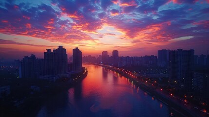 Fototapeta premium Drone timelapse footage showcases the captivating transition of a city skyline from night to day as the buildings lights fade and the sky transforms from deep blues to vibrant oranges and yellows