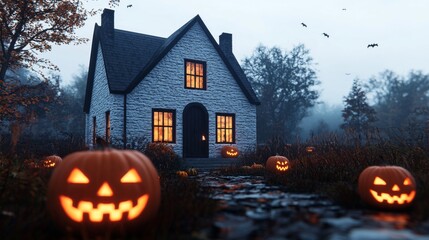 Haunted Halloween Cottage with Jack O Lanterns and Bats