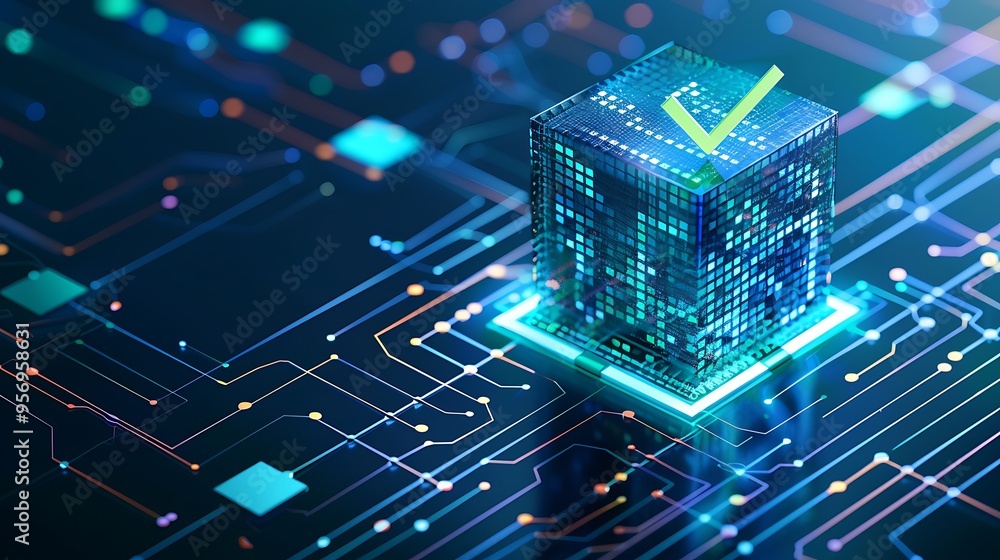 Poster futuristic digital blockchain concept with glowing circuit lines and checkmark symbolizing data inte