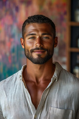 An artistic portrait of a man with a trimmed beard, smiling softly with a relaxed expression, wearing a casual shirt, isolated on a pastel lavender background,