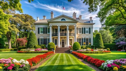 Obraz premium Historic federal-style mansion with pillared facade and manicured lawn, set amidst lush trees and vibrant flowers, epitomizing American elegance and refinement.