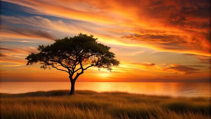 Serene dusk scene featuring a lone tree's silhouette against a vibrant orange sky, surrounded by a gentle sea of swaying grass and subtle shadows.