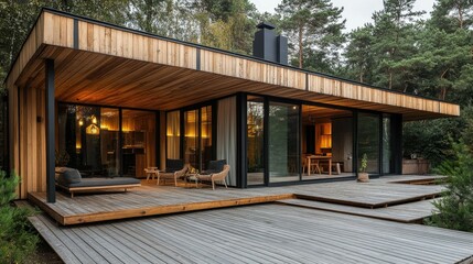 Stunning modern wooden house in loft style with a spacious terrace and outdoor sauna, surrounded by nature. Perfect for luxury living and architectural designs.