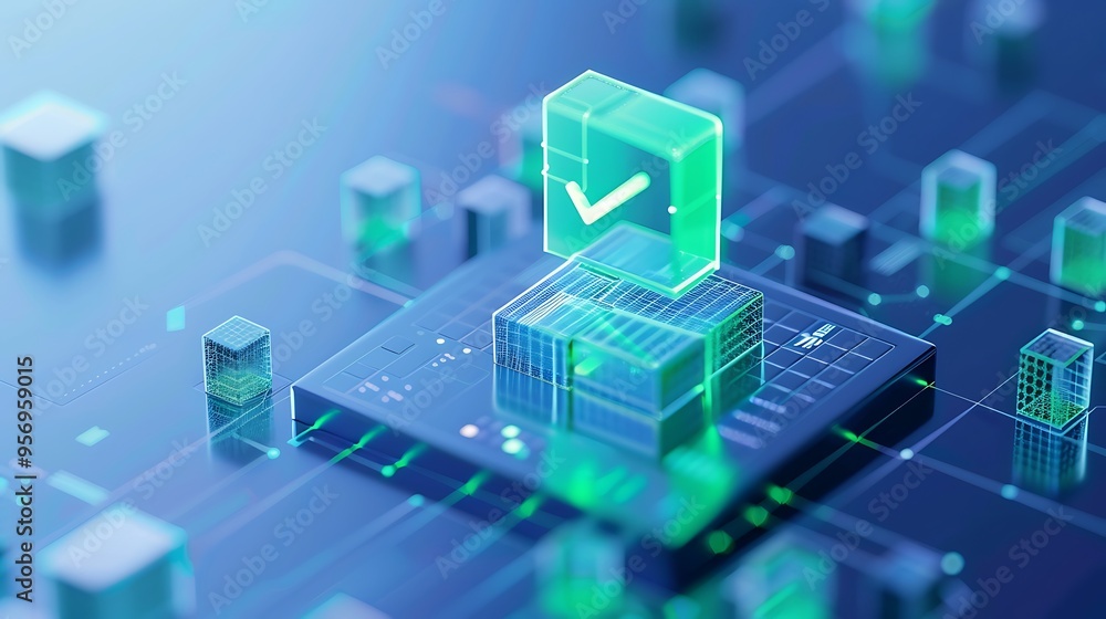 Poster futuristic digital blockchain technology concept with glowing green blocks and verification symbol o
