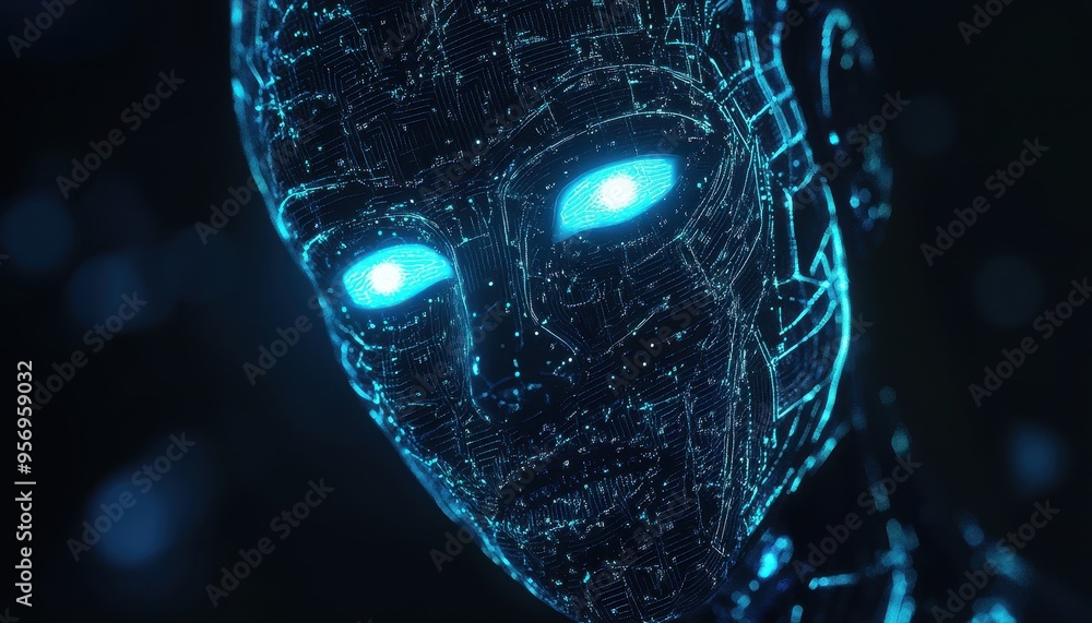 Poster futuristic humanoid robot head with glowing eyes and abstract digital patterns symbolizing ai consci