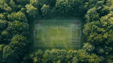 An aerial view of a secluded football field covered in a lush forest, creating a harmonious blend between sports and nature.