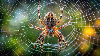 Obraz premium A delicate spider sits at the center of its intricate web, its eight legs splayed outwards as it waits patiently for unsuspecting prey to wander in.